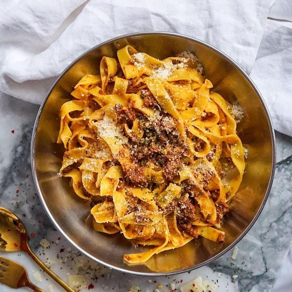 Bolognese-style (Ragu) Tagliatelle and Parmesan Cheese