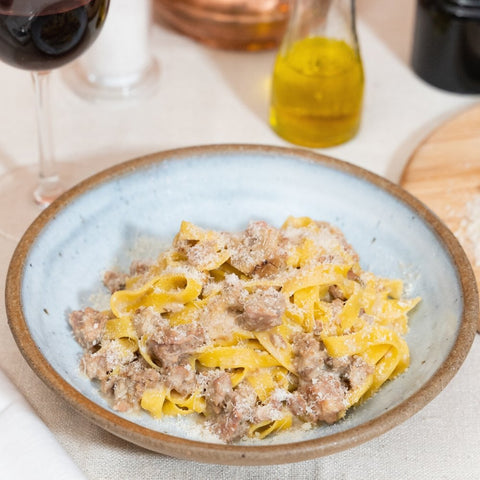 Tagliatelle, Italian Sausage, Porcini sauce, Parmesan cheese