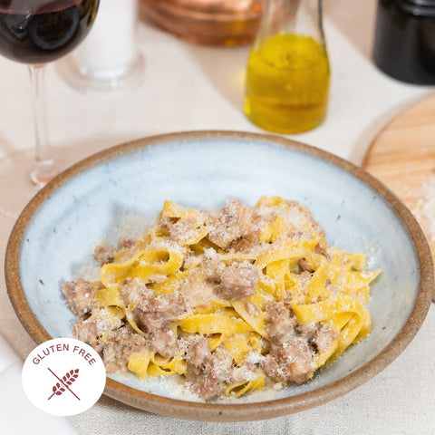 Tagliatelle, Italian Sausage, Porcini sauce, Parmesan cheese (Gluten Free)